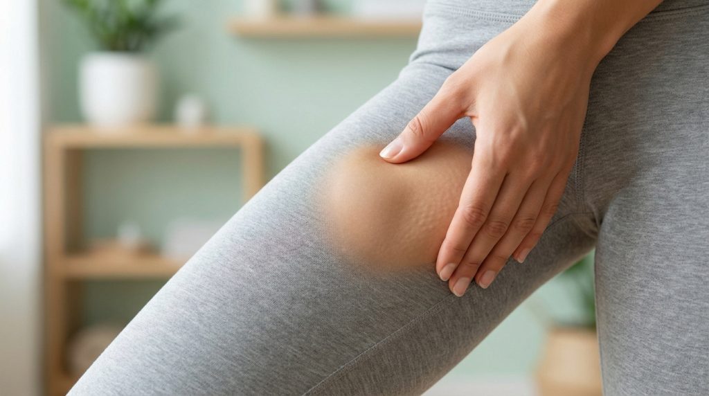 Gros plan d'une main pinçant la peau d'une cuisse en legging gris, révélant un aspect de cellulite (peau d'orange).