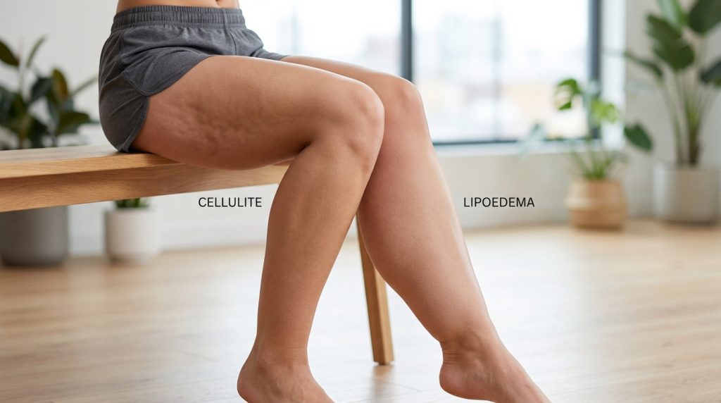 Image comparative des jambes d'une personne montrant la cellulite sur une cuisse et une jambe affectée par le lipoedème.