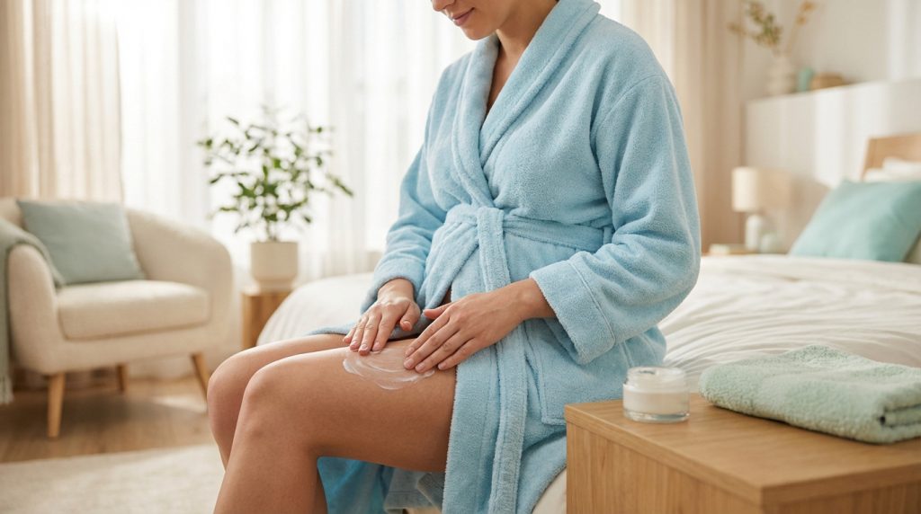 Femme en peignoir bleu, probablement enceinte, appliquant une crème sur sa cuisse. Chambre lumineuse et apaisante en arrière-plan.