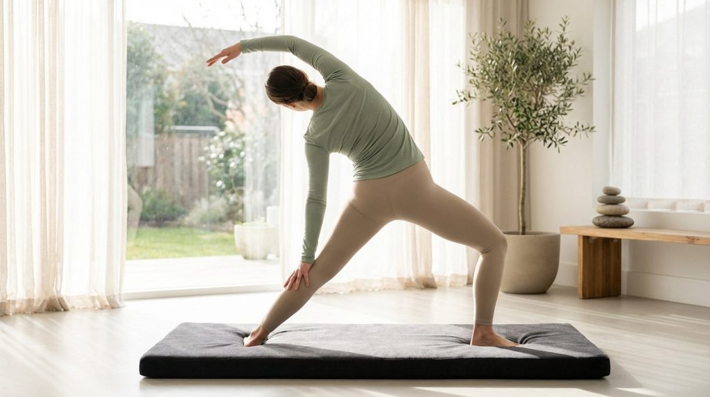 Femme en leggings beiges et haut vert clair faisant du yoga à la maison, avec vue sur jardin, symbolisant exercice et sérénité.