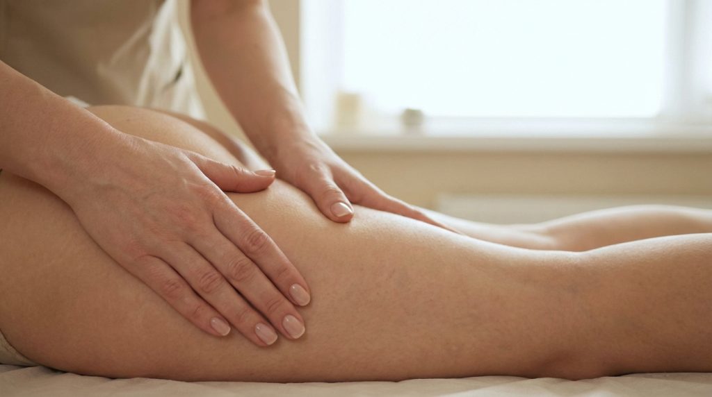 Gros plan sur les mains d'une esthéticienne massant la cuisse et la fesse d'une personne allongée, avec une fenêtre en arrière-plan.