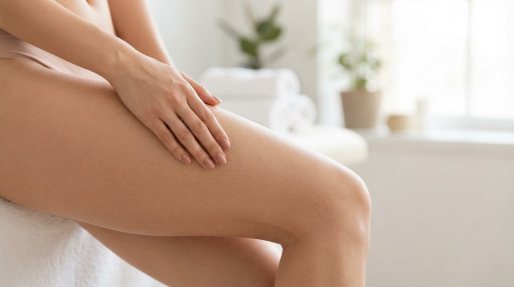 Main féminine caressant une jambe à la peau lisse, suggérant un soin corporel dans un environnement lumineux et apaisant.