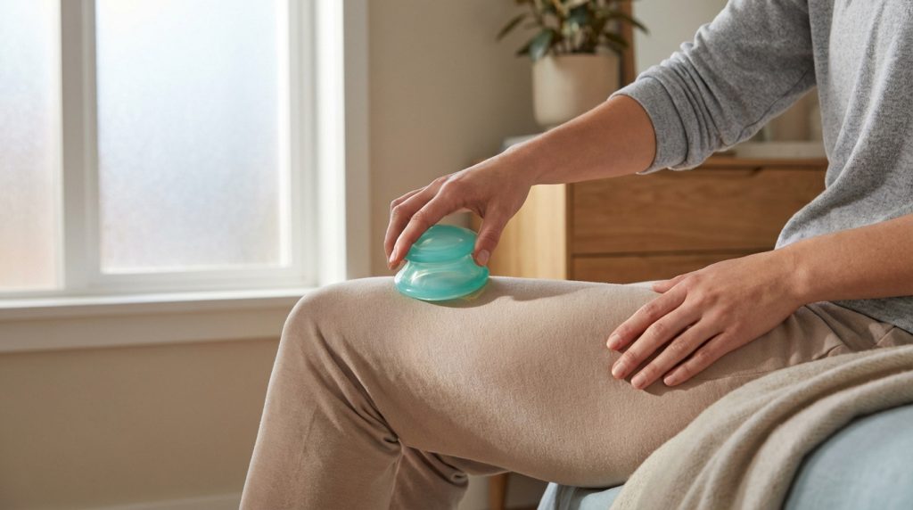 Personne appliquant une ventouse cellulite en silicone turquoise sur sa cuisse. Fond clair avec fenêtre et plante.