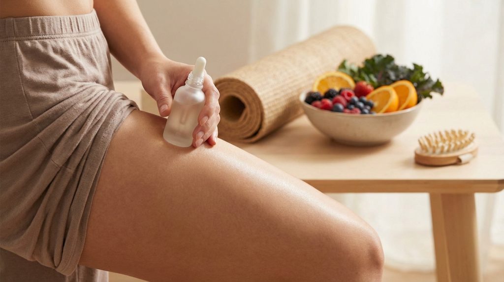 Gros plan sur une femme appliquant une huile sur sa cuisse. Tapis de yoga, fruits et brosse de massage pour un soin holistique.