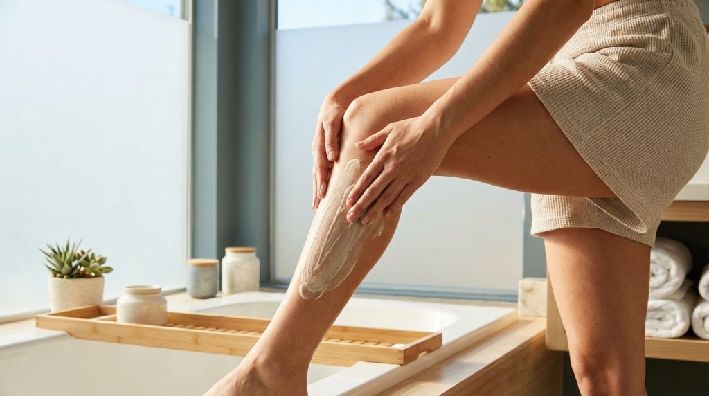 Femme appliquant une crème anticellulite sur sa jambe dans une salle de bain moderne, près d'une baignoire. Soin des jambes.